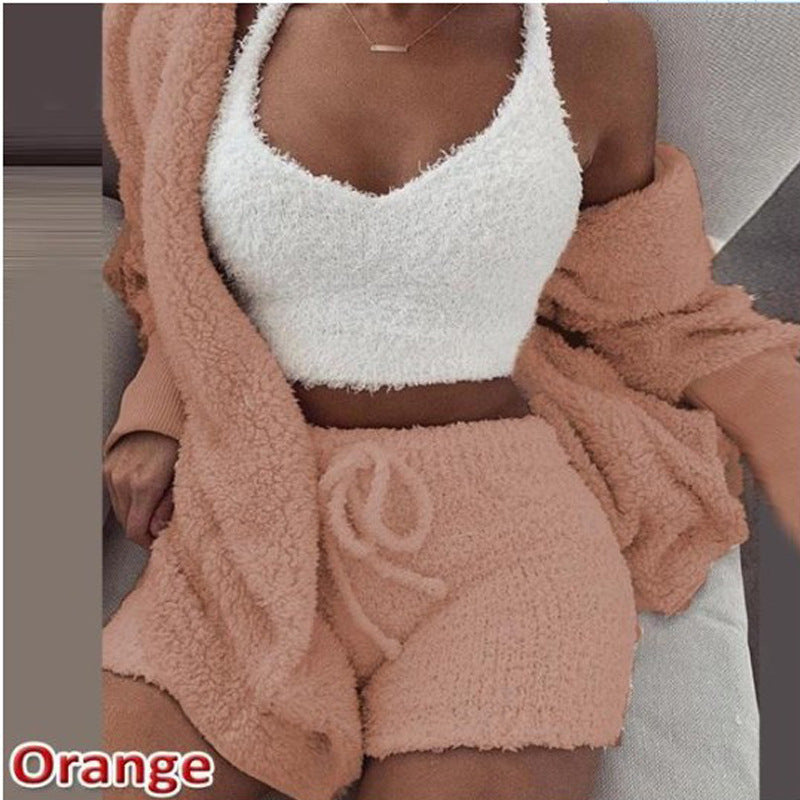 Women's clothing, winter plush home wear, casual 3Pcs pajamas long sleeved shorts sports set