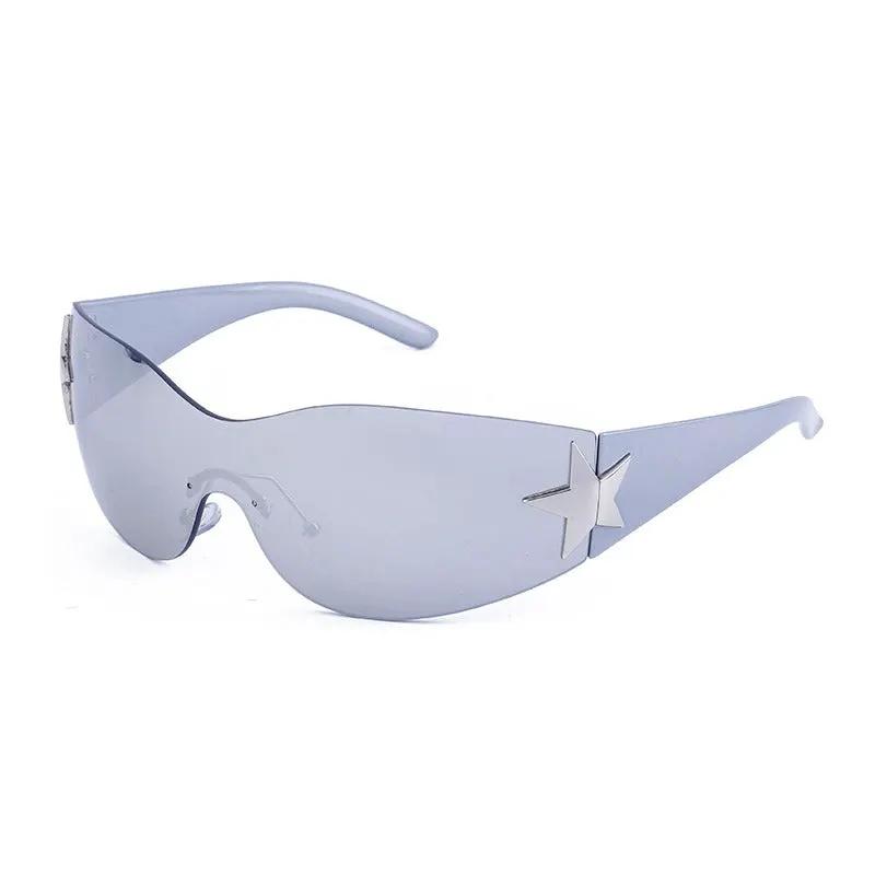 Rimless sunglasses with lavender-tinted lenses and a silver star on the temple
