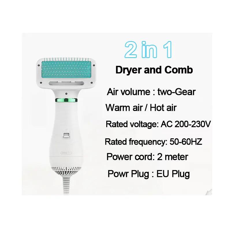eprolo 2-in-1 dog dryer and comb, white handheld unit with teal brush head, low-noise
