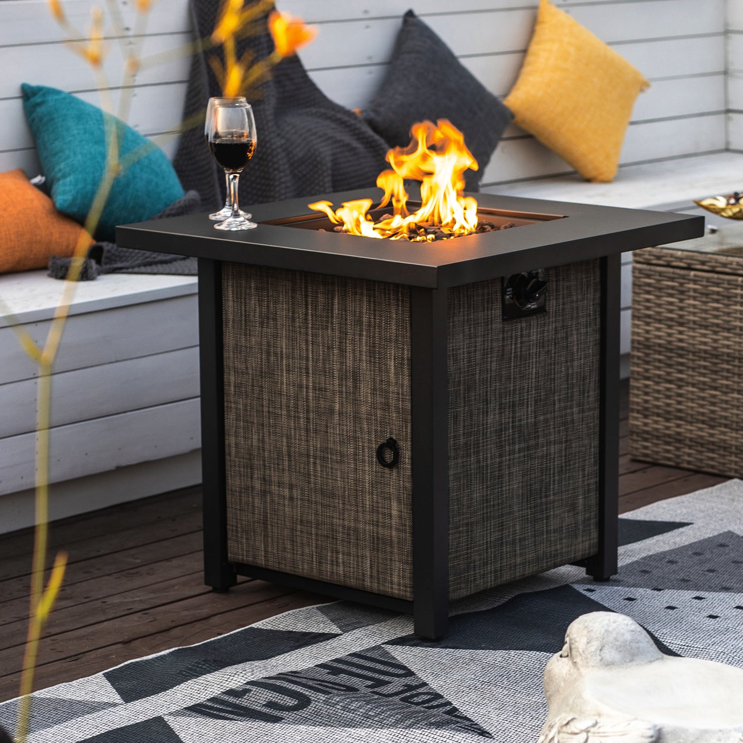 40000BTU Square Propane Fire Pit Table Steel Tabletop with Textile Side Panel Steel Lid and Rocks