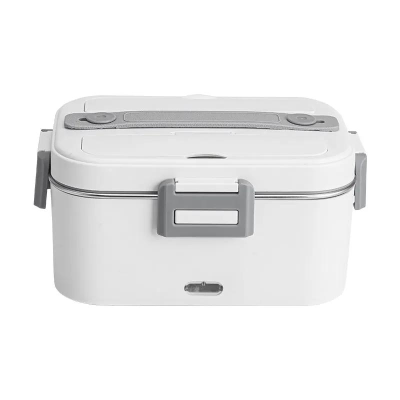 White portable electric heated lunch box with gray latches, compact bento-style heater.