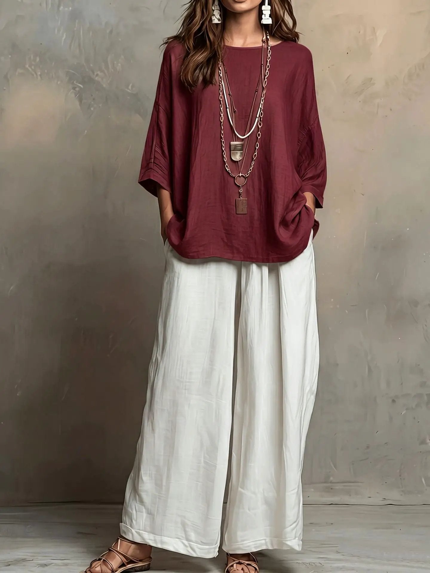 Bohemian style loose elegant set for women by eprolo; burgundy top with white wide-leg pants and layered necklaces.