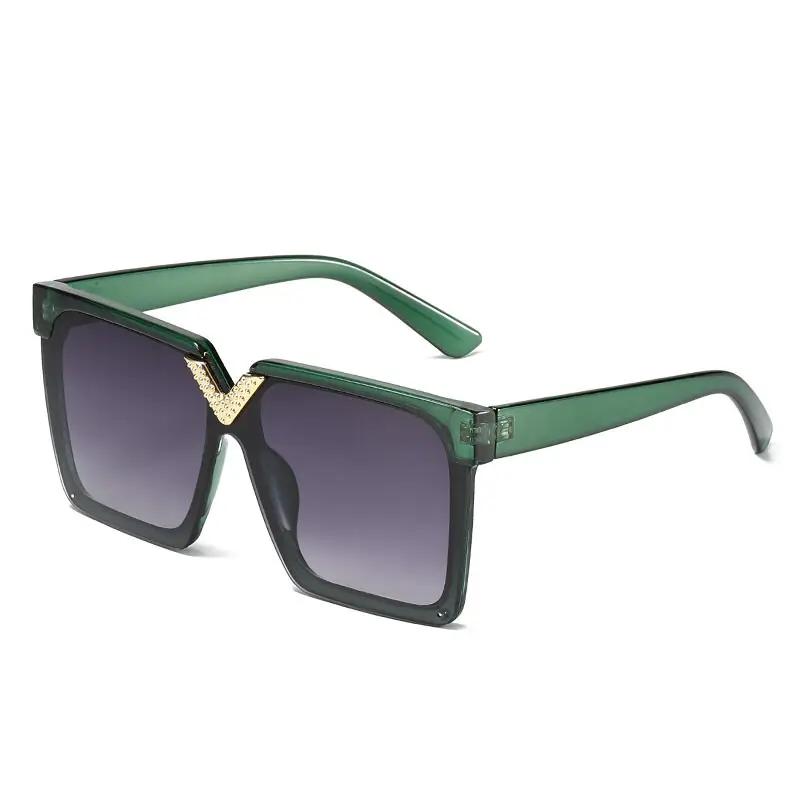 eprolo One Piece square V-shaped oversized sunglasses, green frame with gold V bridge and gradient lenses
