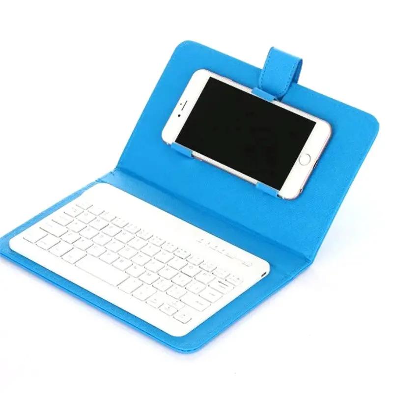 Blue PU leather wireless keyboard case with Bluetooth keyboard and iPhone/Android phone holder by eprolo