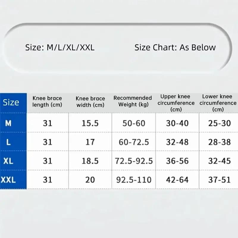 Adjustable knob knee brace size chart showing M–XXL with 31 cm knee length, widths, weight ranges, and knee circumference data
