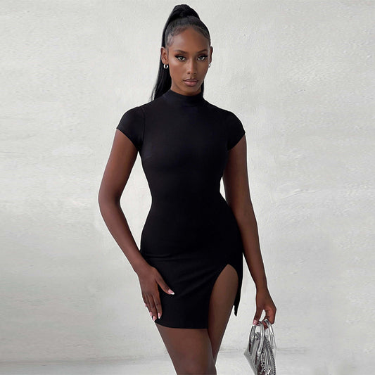 Summer new backless lace up high neck sexy split hip dress