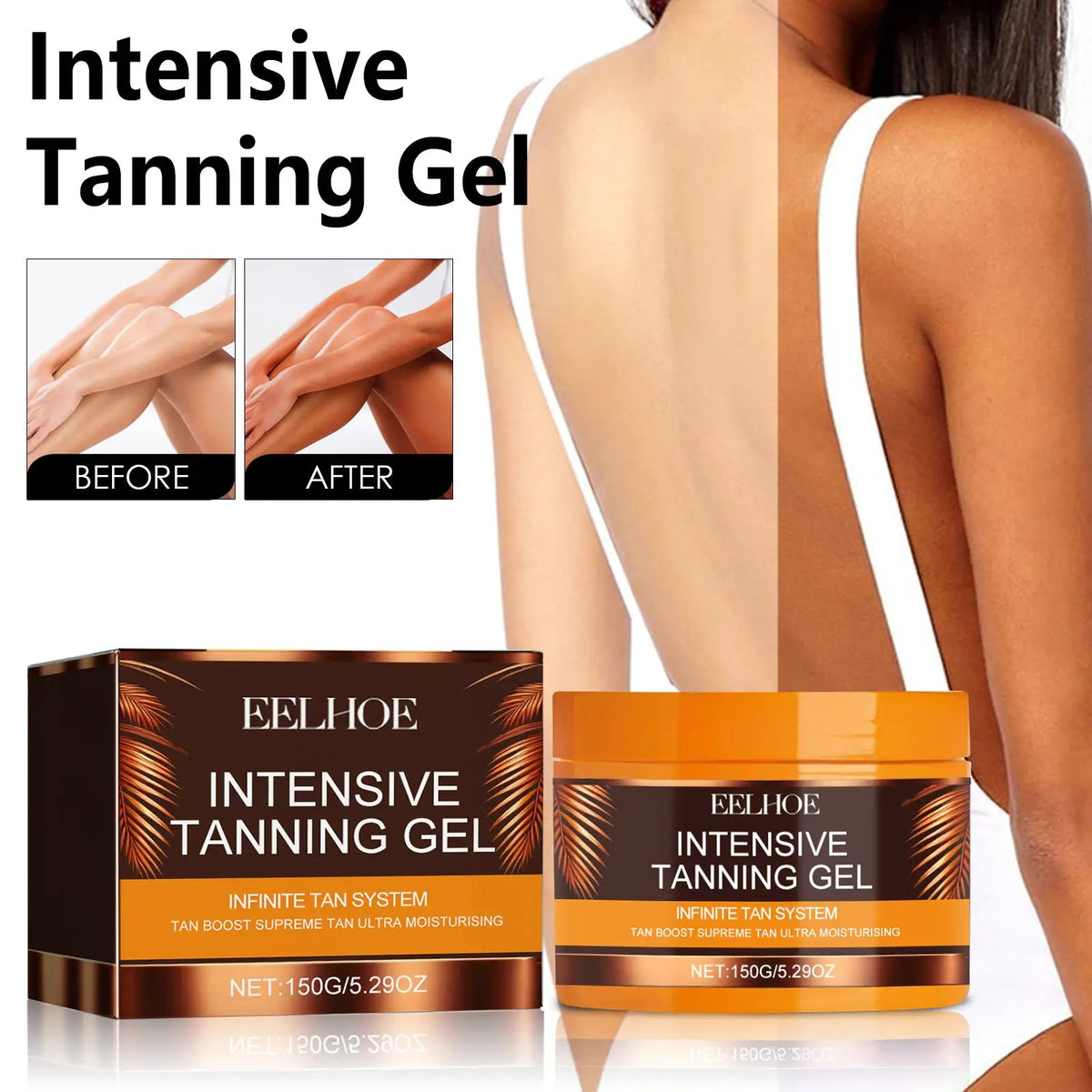 Intensive Tanning Gel by eprolo, light non-greasy Beach Tanning Wheat Tan, two jars with packaging.