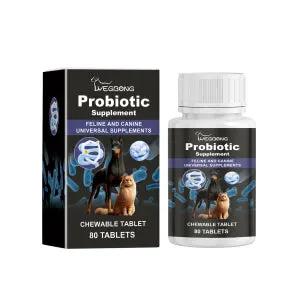 eprolo probiotic supplement for cats and dogs, 80-count chewable tablets, black box with white bottle, 2-piece set.
