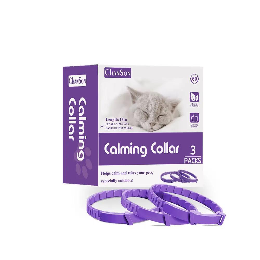 Calming collar set for dogs and cats, three purple adjustable collars in front of ChanSon packaging.
