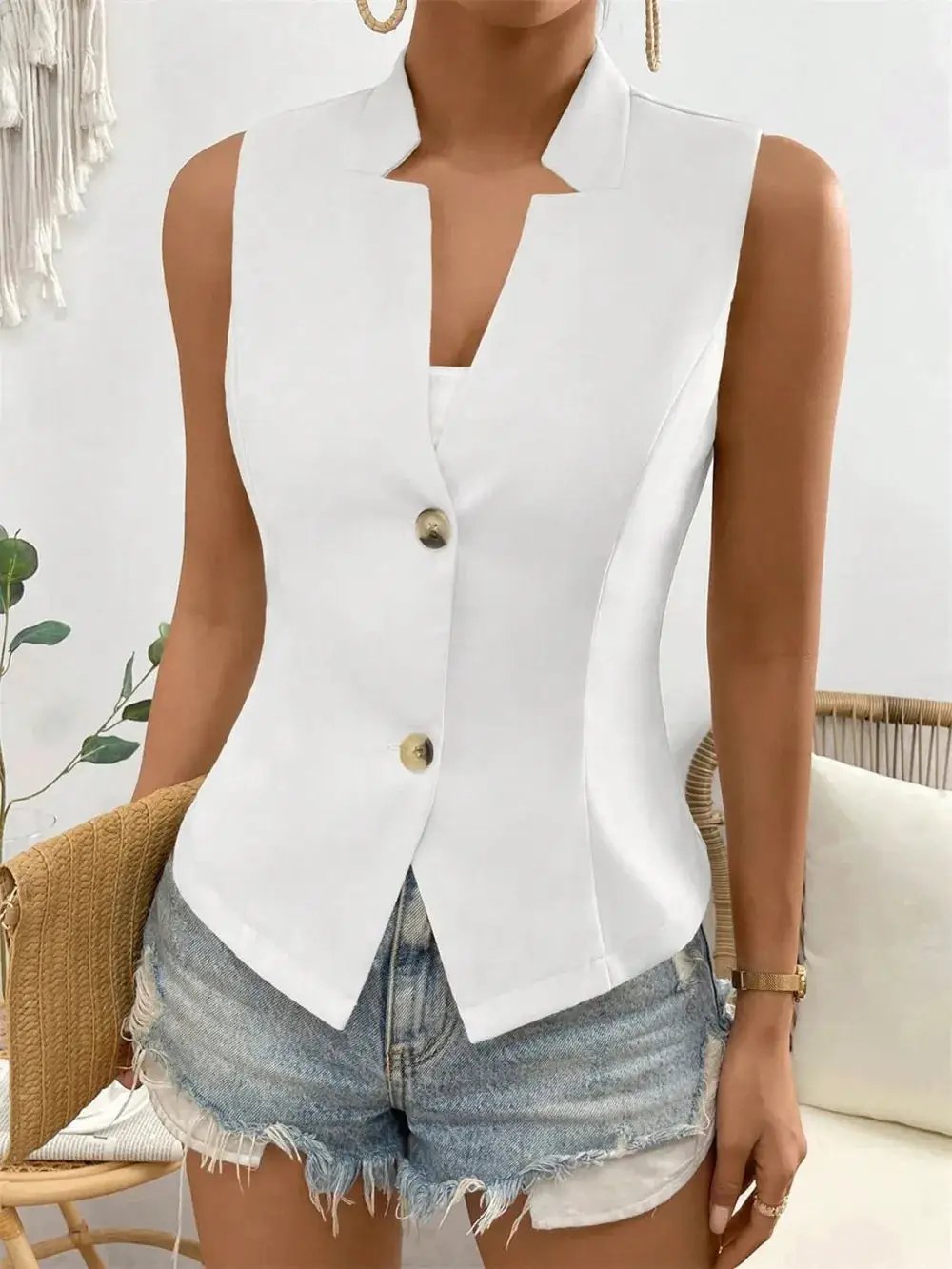 Button Down Vest Coat by eprolo in white, sleeveless with front button closure