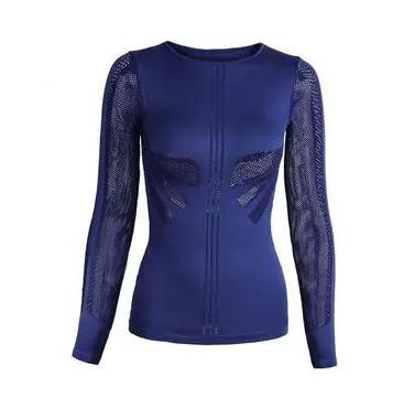 Women’s long-sleeve fitness T-shirt in navy blue with mesh sleeves, seamless athletic top