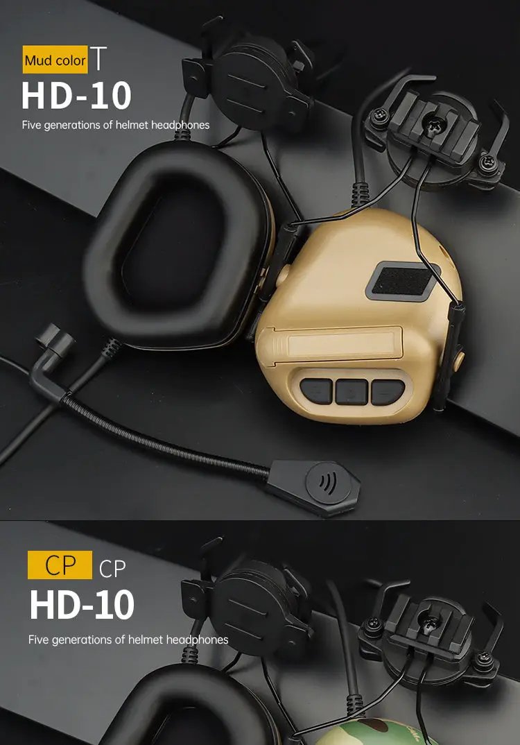 Tactical helmet headset HD-10 by eprolo; two color variants in black and tan.
