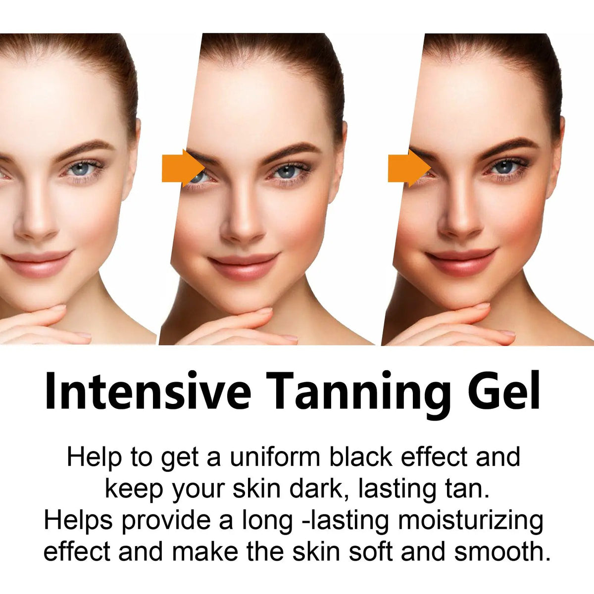 Intensive Tanning Gel by eprolo, three-panel progression shows light to wheat tan, non-greasy formula