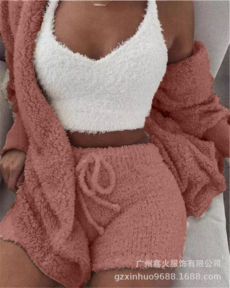 Women's clothing, winter plush home wear, casual 3Pcs pajamas long sleeved shorts sports set