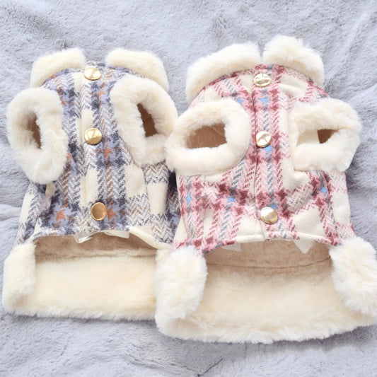 Two plaid dog jackets with plush faux fur trim and gold buttons, blue-gray and pink, by eprolo