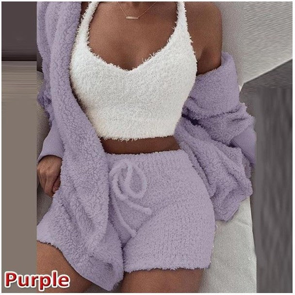 Women's clothing, winter plush home wear, casual 3Pcs pajamas long sleeved shorts sports set