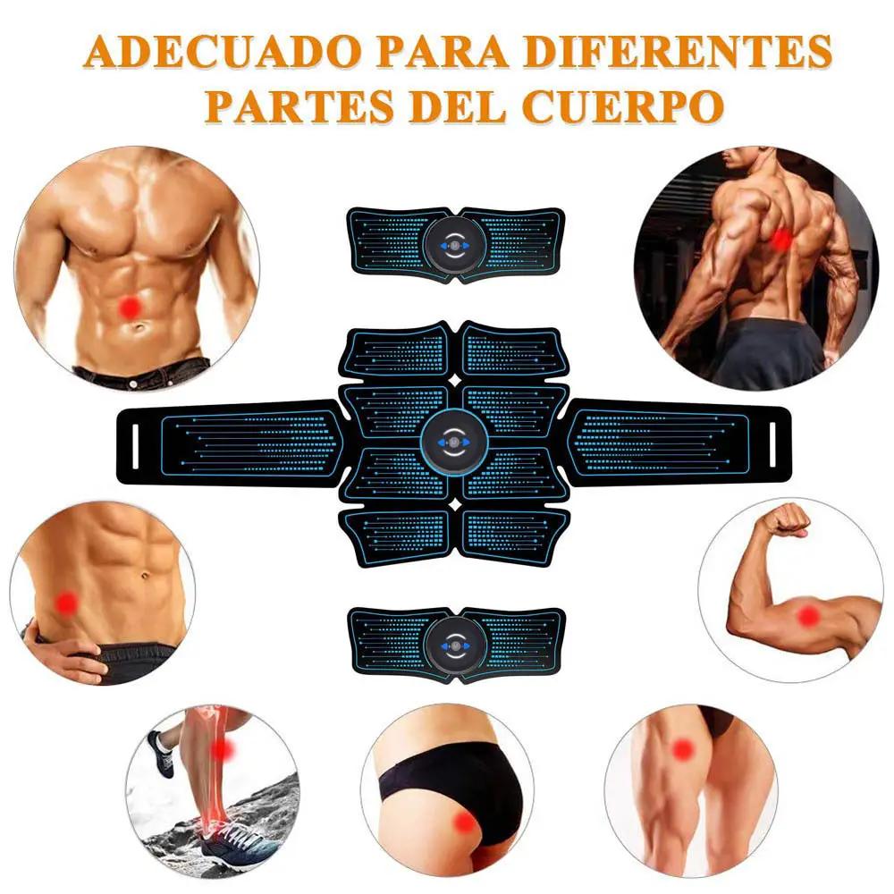 EMS abdominal belt set for abs and hips; black with blue LED-grid panels across multiple sections