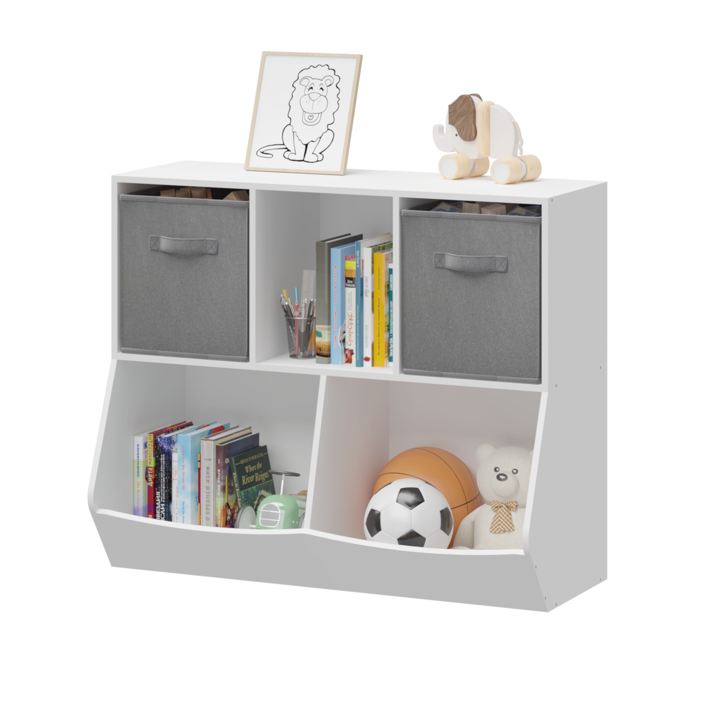 Kids Bookcase with Collapsible Fabric Drawers Children's Toy Storage Cabinet for Playroom White/Gray