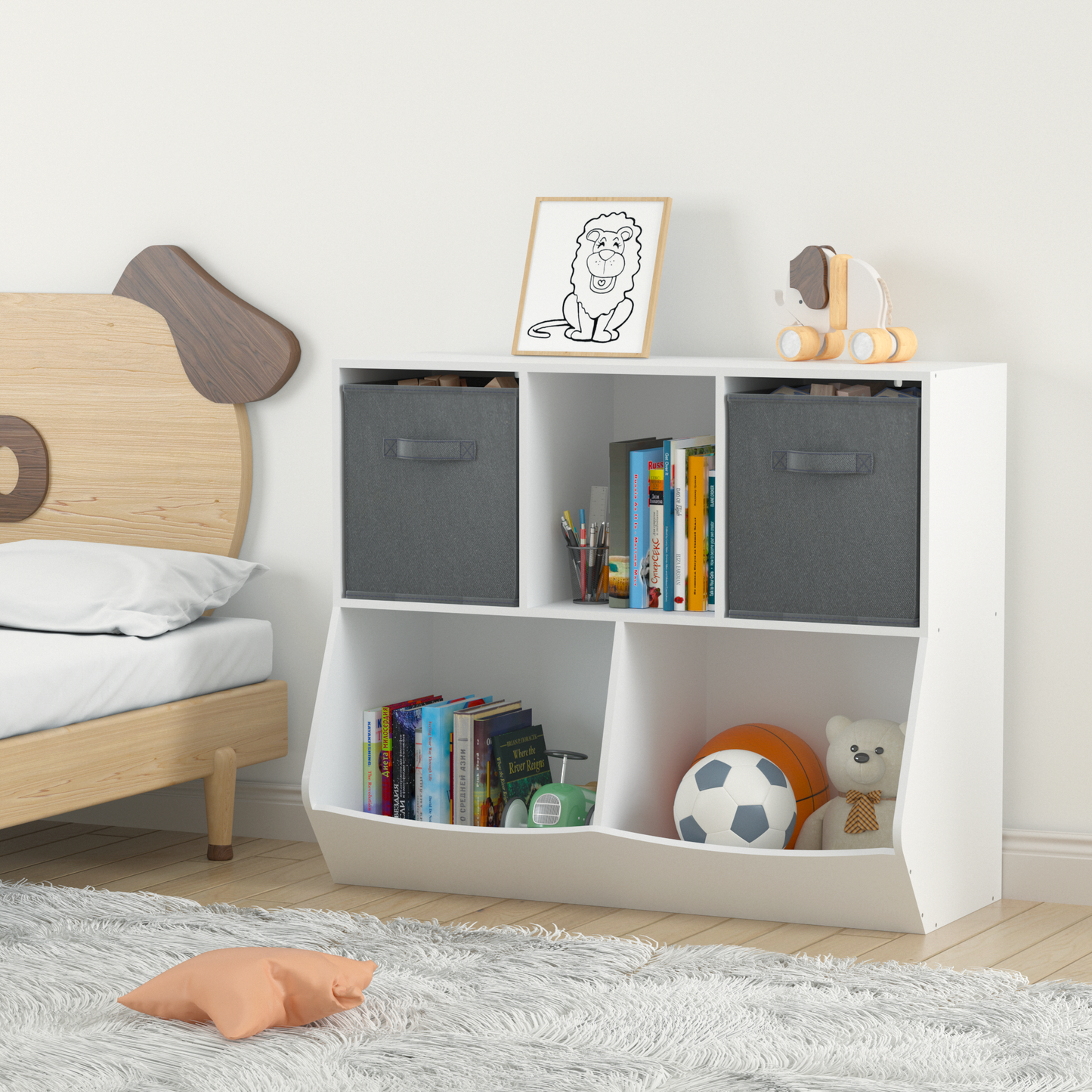 Kids Bookcase with Collapsible Fabric Drawers Children's Toy Storage Cabinet for Playroom White/Gray