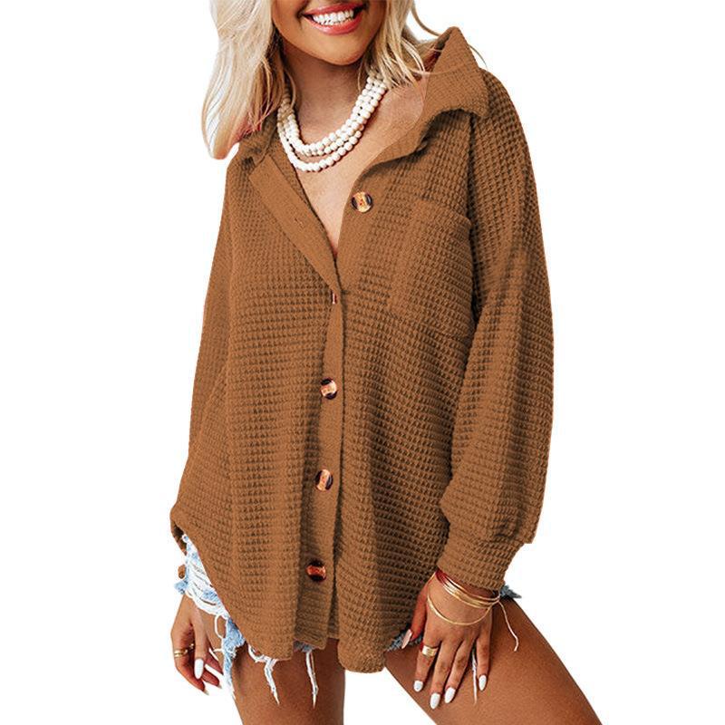 Waffle-Knit Collared Neck Long Sleeve Shirt