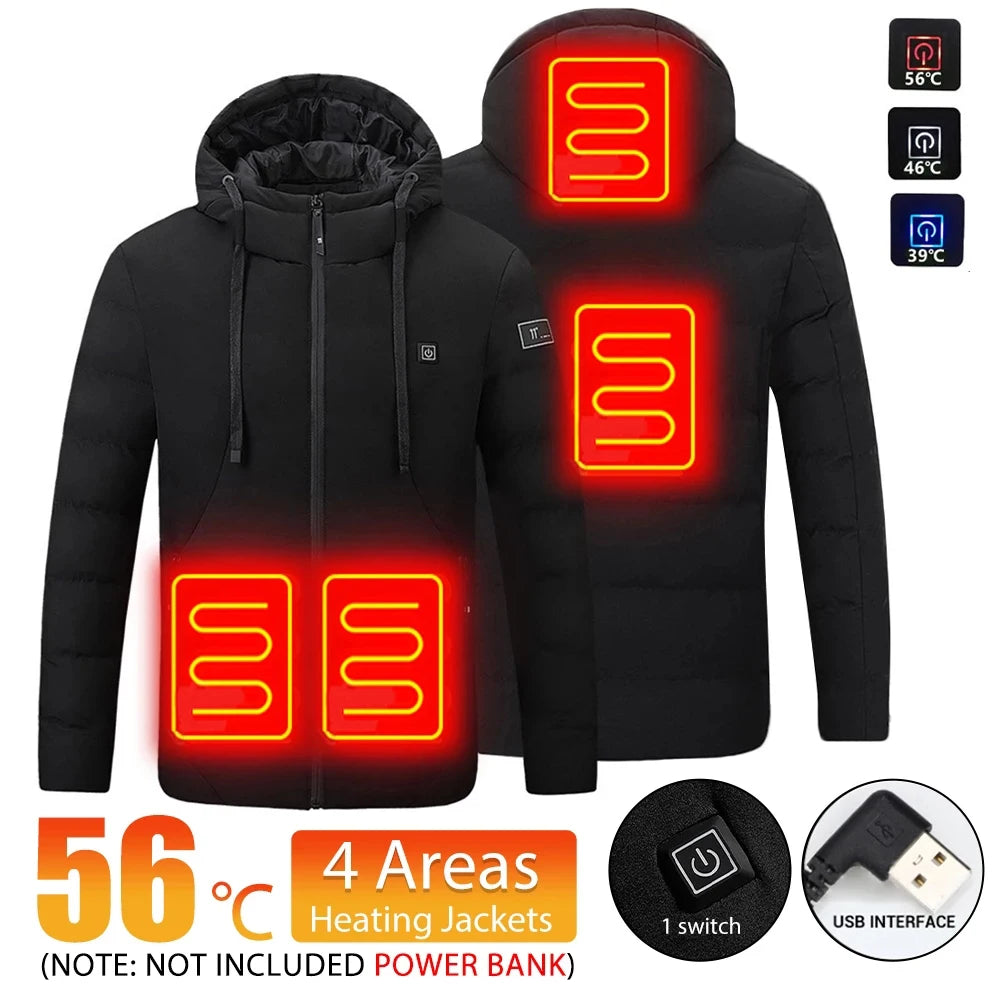 4 Areas Heated Jacket for Men & Women USB Single Control Smart Heating Cotton Clothing Heated Vest Constant Temperature Hooded Jacket