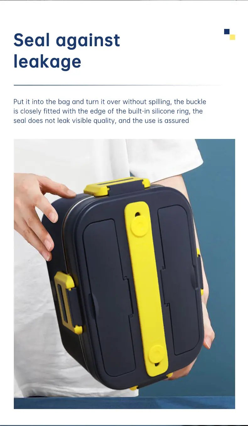 eprolo portable electric heated lunch box with dark navy body and yellow latch and handle
