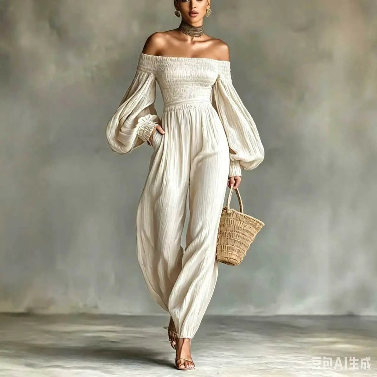 eprolo off-shoulder cream jumpsuit with lantern sleeves, pleated bodice, wide-leg pants, and straw tote