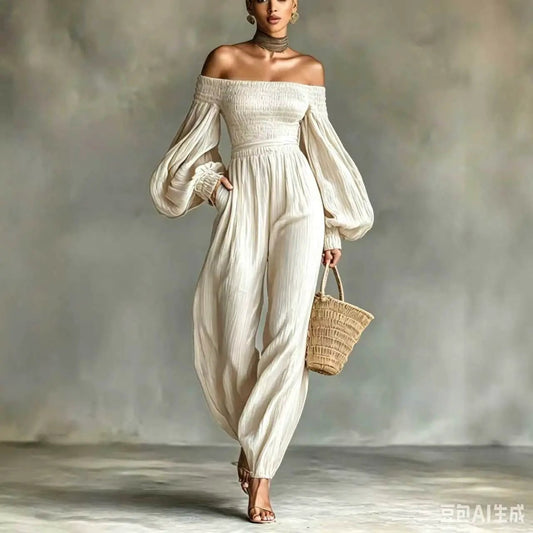 eprolo off-shoulder cream jumpsuit with lantern sleeves, pleated bodice, wide-leg pants, and straw tote