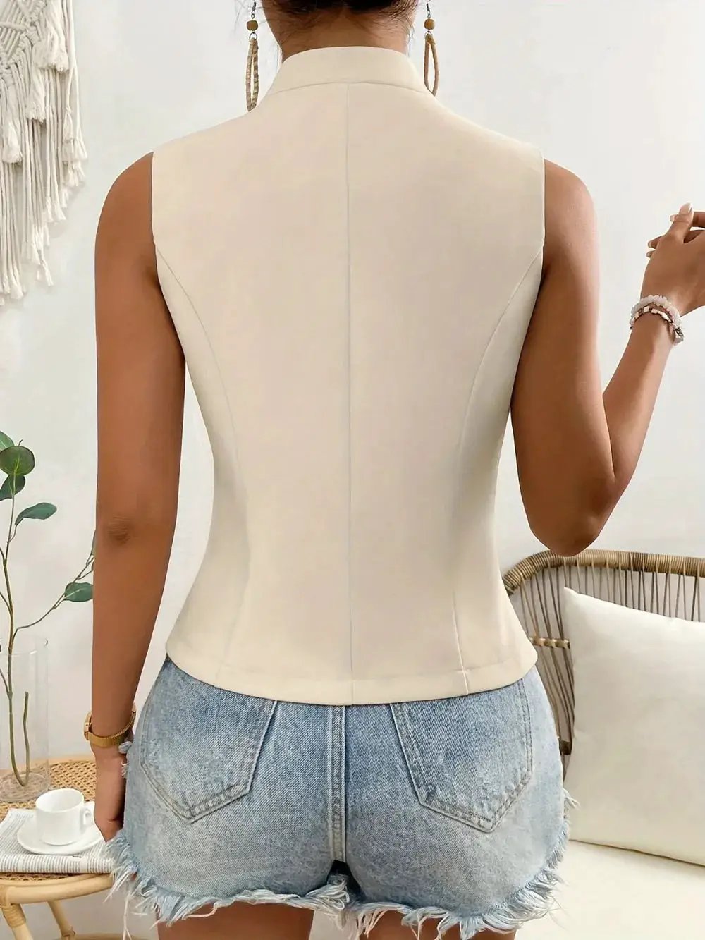 Button Down Vest Coat by eprolo, cream sleeveless tailored fit