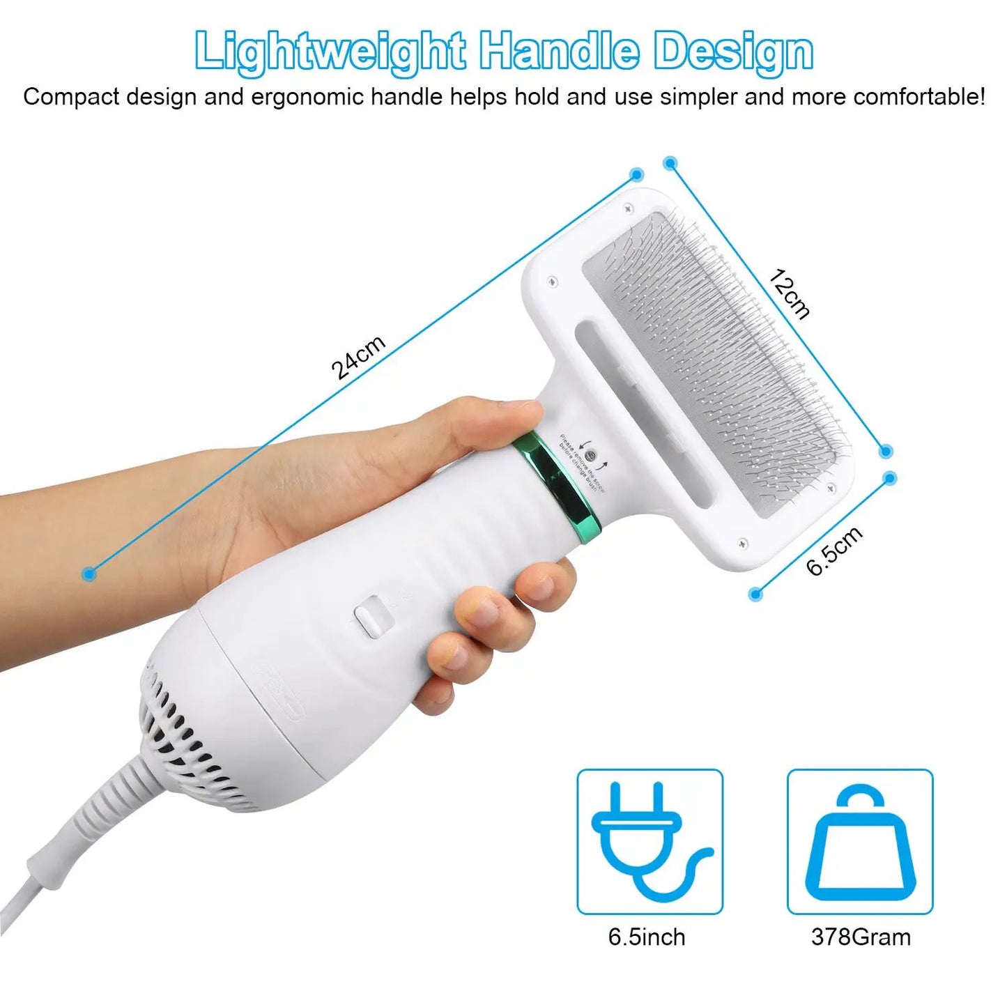 eprolo 2-in-1 portable dog dryer with comb brush, white handheld pet grooming tool, low-noise