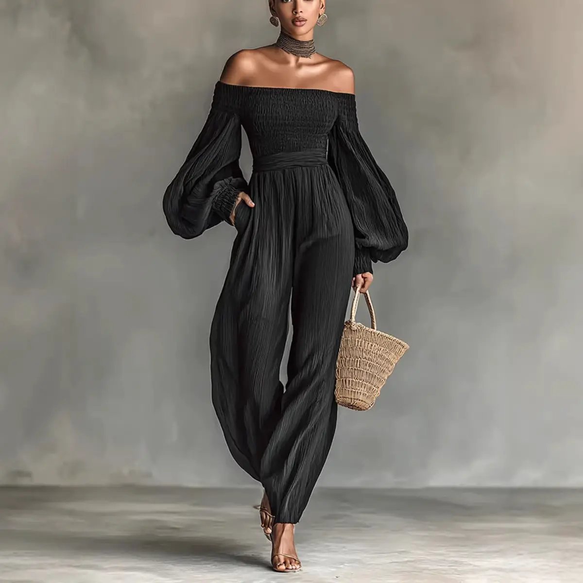 eprolo off-shoulder black jumpsuit with lantern sleeves and pleated, loose-fit pants for women