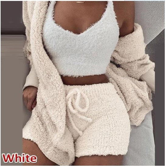 Women's clothing, winter plush home wear, casual 3Pcs pajamas long sleeved shorts sports set