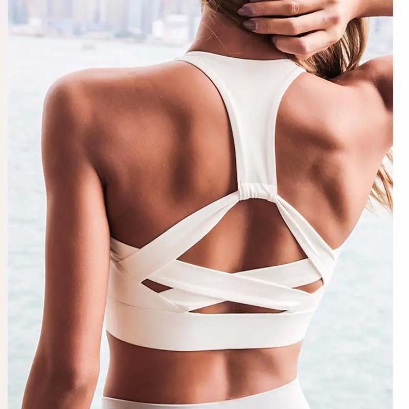 White strap push-up sports bra for women with crisscross hollow-out back by eprolo