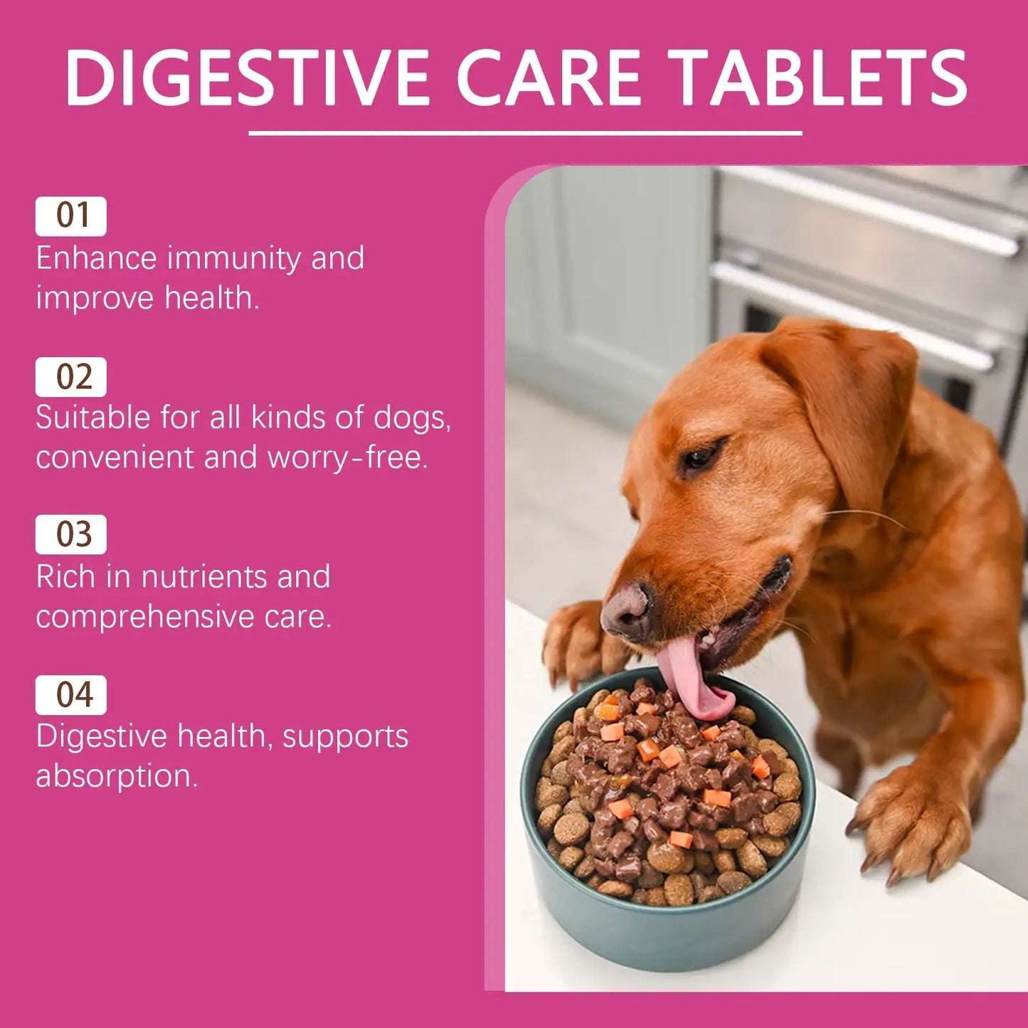 Dog probiotic tablets by eprolo for intestinal health; pink infographic banner showing a dog eating kibble.