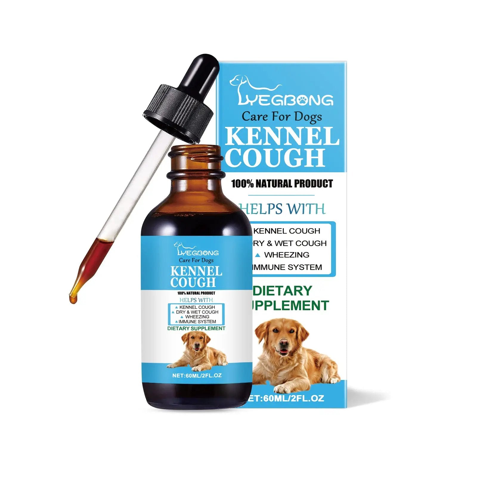 Dog kennel cough syrup bottle with dropper beside blue packaging, brand eprolo, dietary supplement for dogs