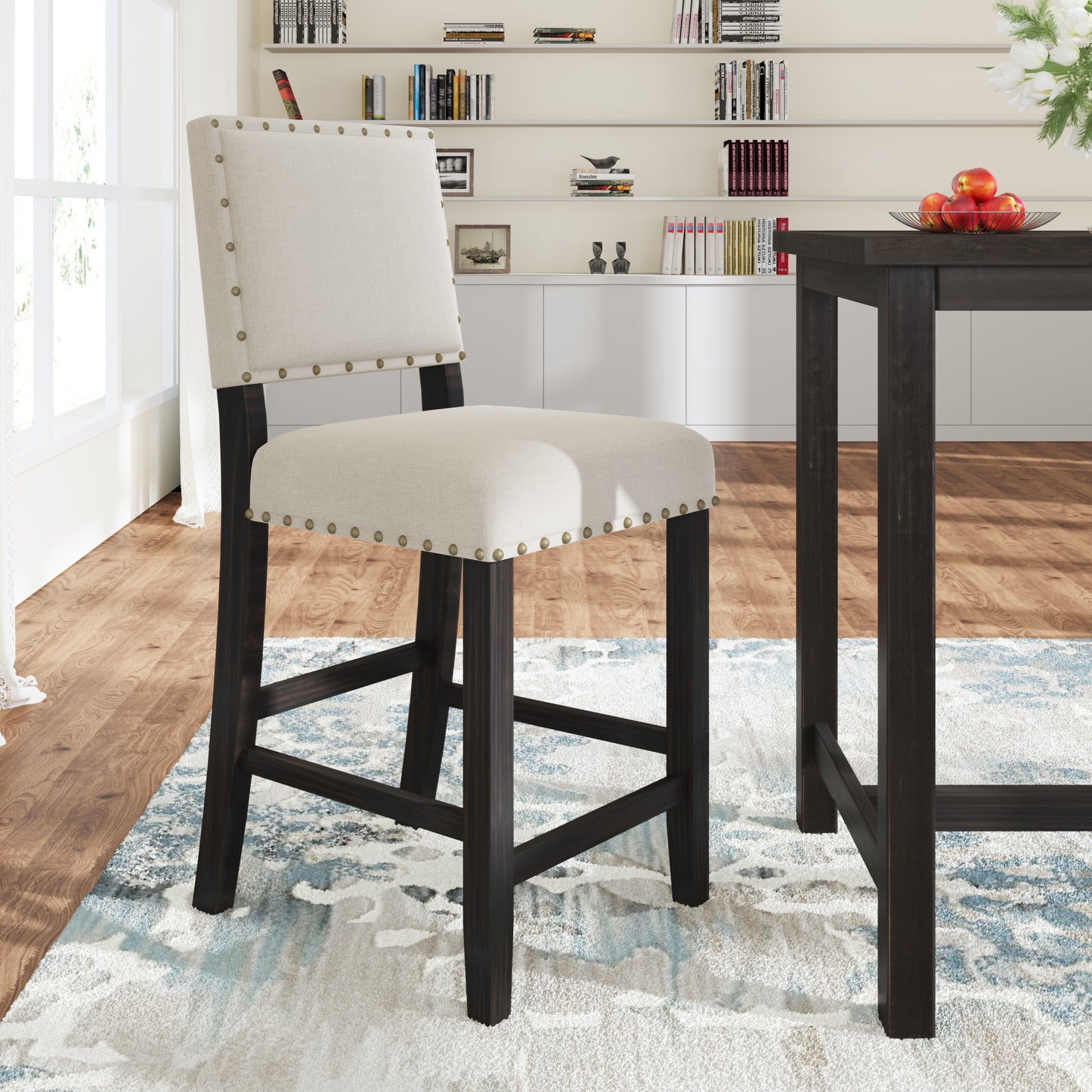 TOPMAX 5 Piece Rustic Wooden Counter Height Dining Table Set with 4 Upholstered Chairs for Small Places Espresso+ Beige