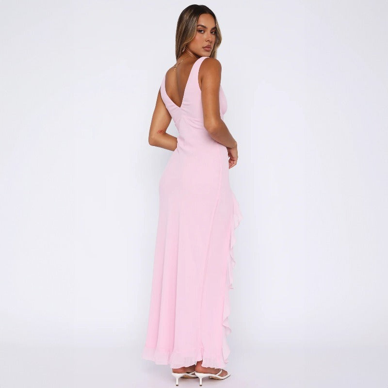 Fashionable V-neck sleeveless black fungus edge slit backless dress