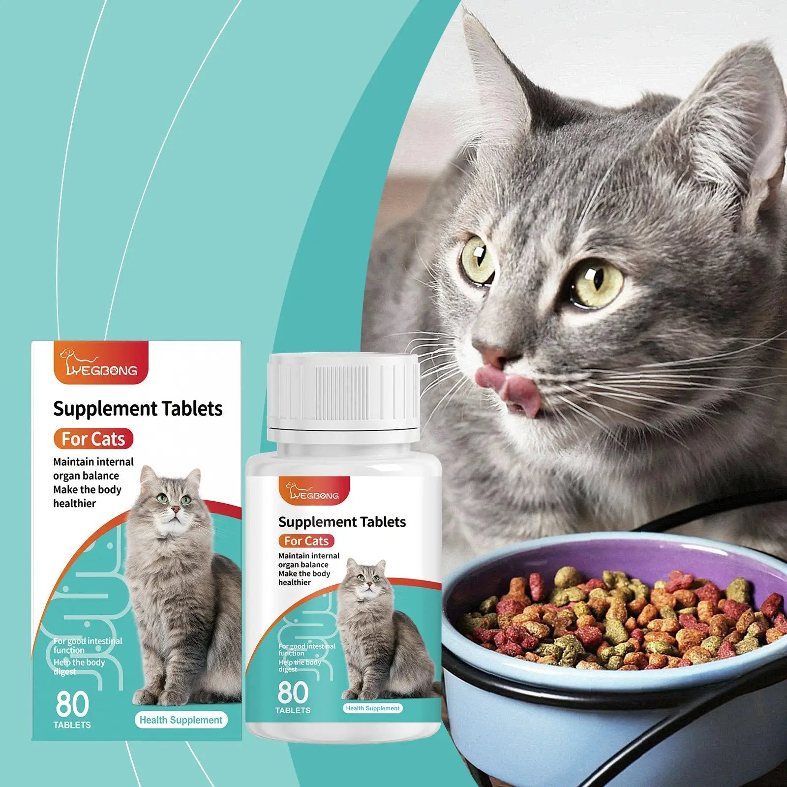 Cat probiotic tablets for intestinal health and digestion, 80 tablets, turquoise packaging and a gray cat.