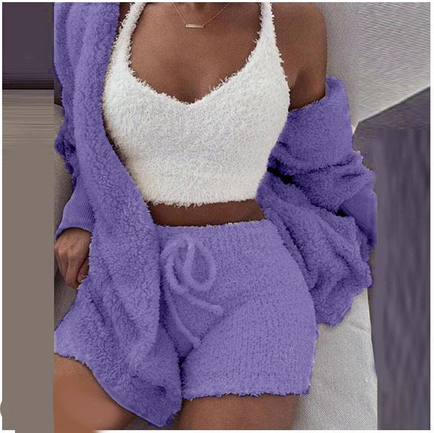 Women's clothing, winter plush home wear, casual 3Pcs pajamas long sleeved shorts sports set