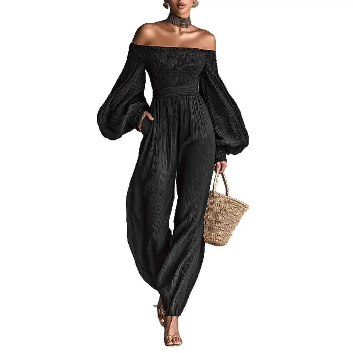 eprolo Style Off-Shoulder Lantern-Sleeve Pleated Loose Jumpsuit for Women, black