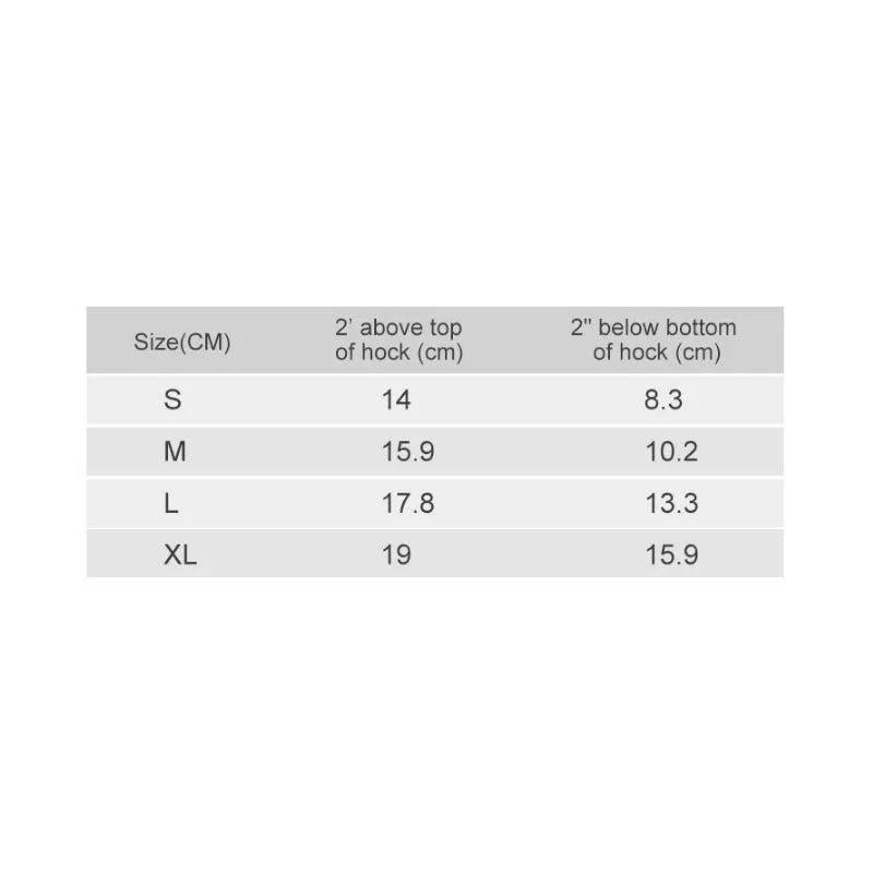 Dog Hock Brace size chart by eprolo; S–XL with above/below hock measurements in cm (14–19, 8.3–15.9)