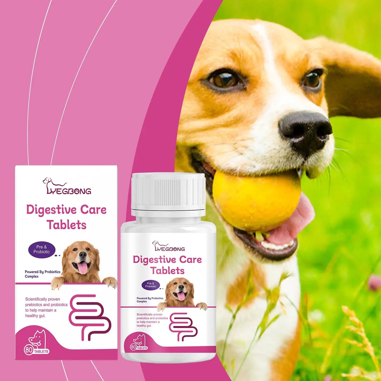 Dog Probiotic Tablets by eprolo; box and bottle shown with Digestive Care Tablets label on pink packaging.