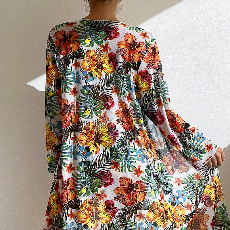 Long top split three piece printed swimsuit women's bikini