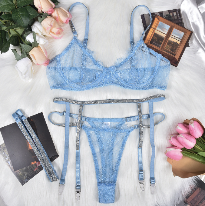 Eyelash Lace Hot Drill Ribbon Sexy Perspective Four-piece Sexy Lingerie Set With Steel Ring