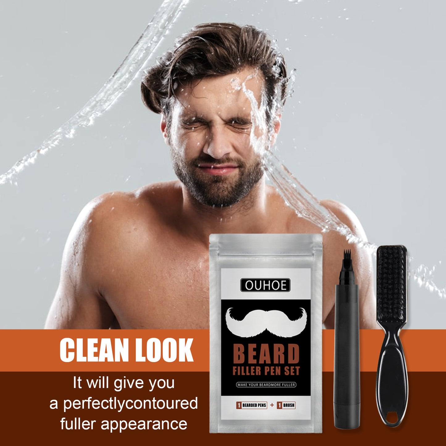 OUHOE Beard Filler Pen, Black Beard Forked Four Natural Waterproof Filling Brush Set