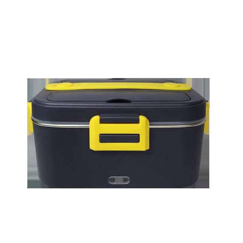 Portable electric heated lunch box in navy with bright yellow latch