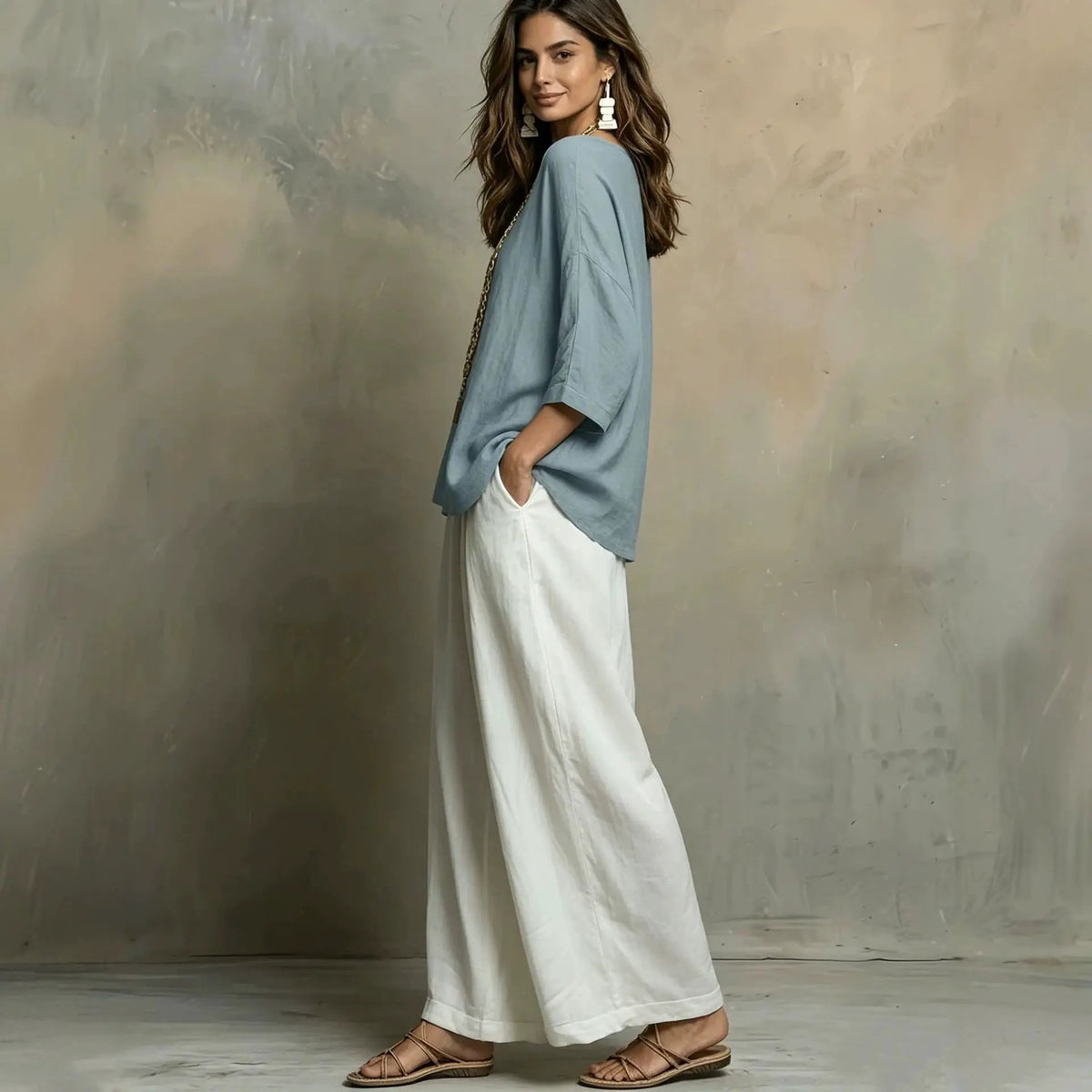 Bohemian Style Loose Elegant Set for Women by eprolo, light blue loose top with white wide-leg pants and sandals