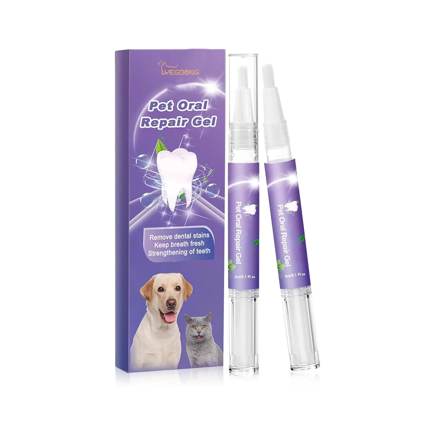 Pet Oral Repair Gel by eprolo; purple packaging with a tooth graphic and two applicator pens.