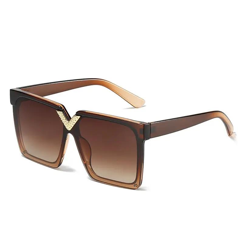 One Piece square V-shaped sunglasses for women, oversized brown gradient lenses with gold V accent, by eprolo