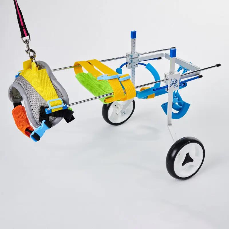 Dog wheelchair with colorful straps and padded harness on metal frame.